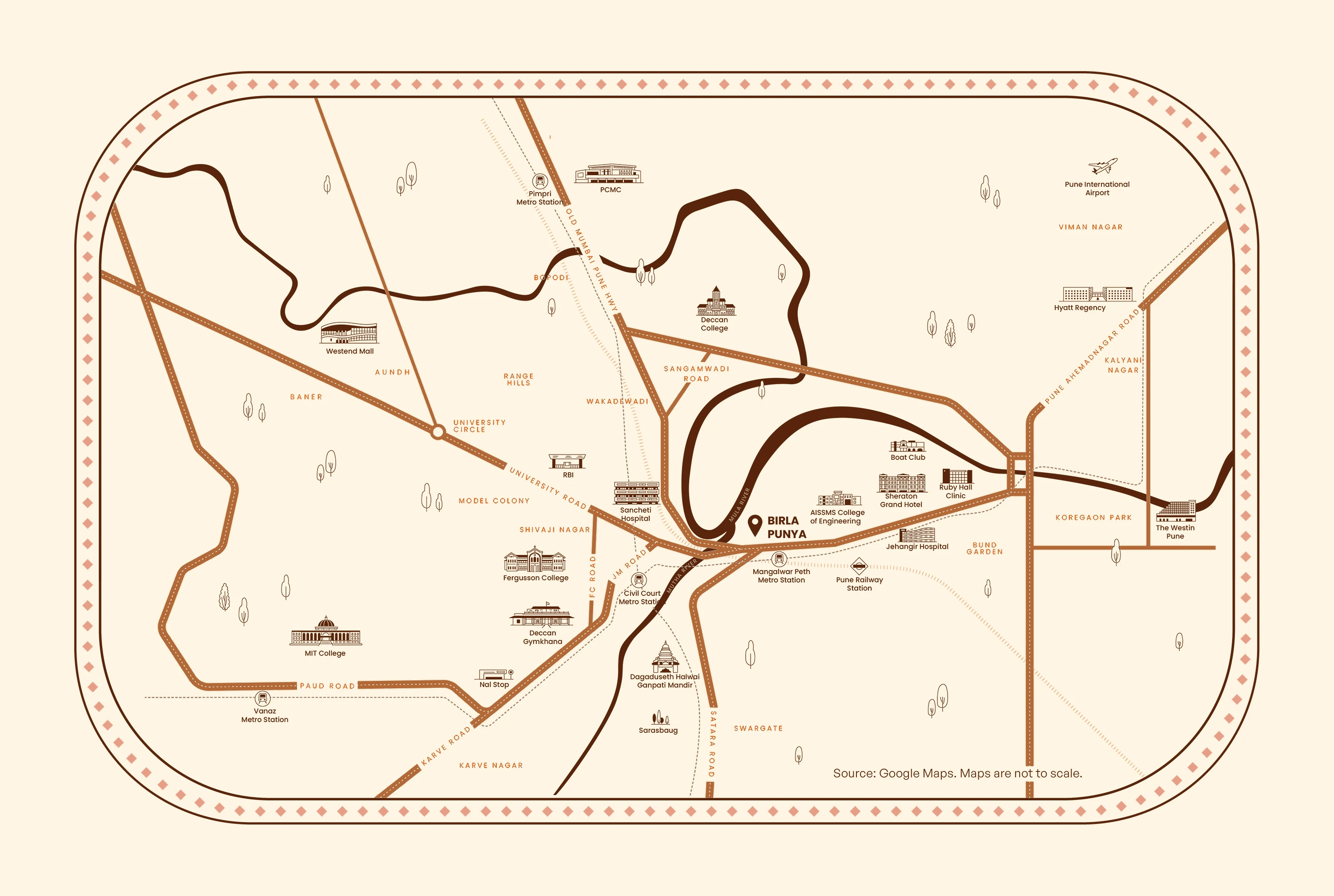 Illustrated location map of Birla Punya with nearby landmarks in Central Pune